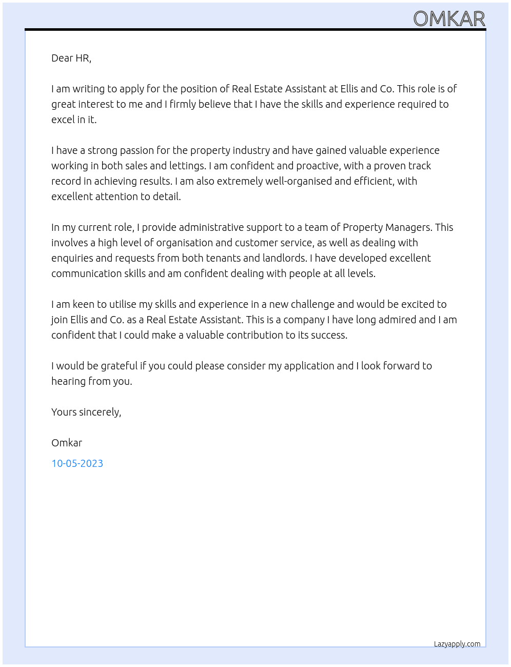 Real Estate Assistant  At Ellis and co. Cover Letter