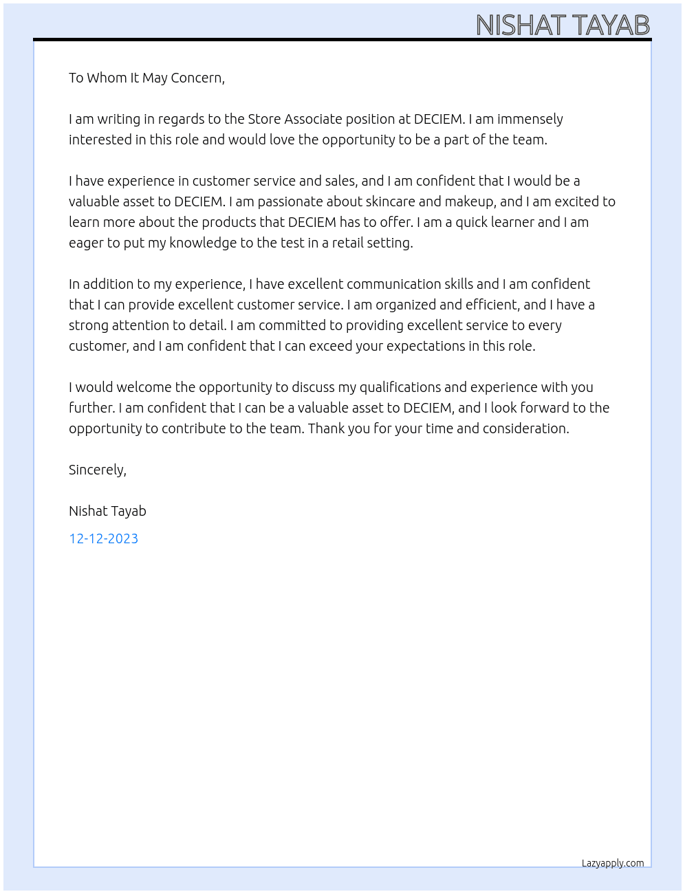Store Associate At DECIEM Cover Letter