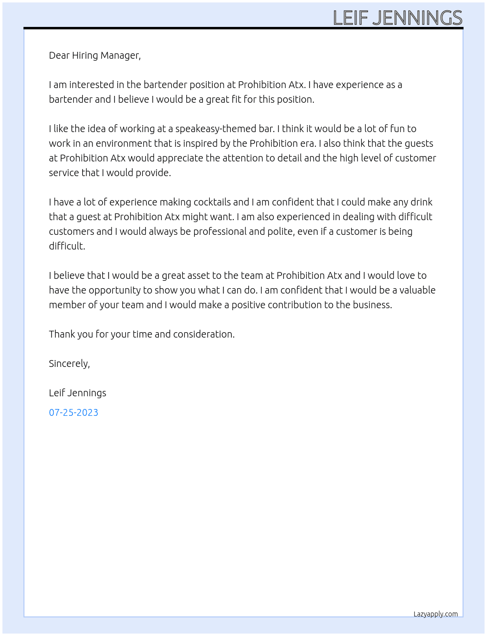 Bartender At Prohibition Atx Cover Letter