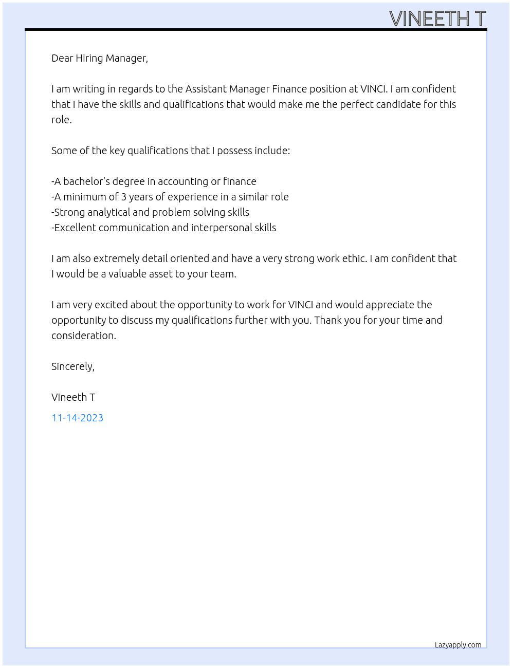 ASSISTANT MANAGER FINANCE At VINCI Cover Letter