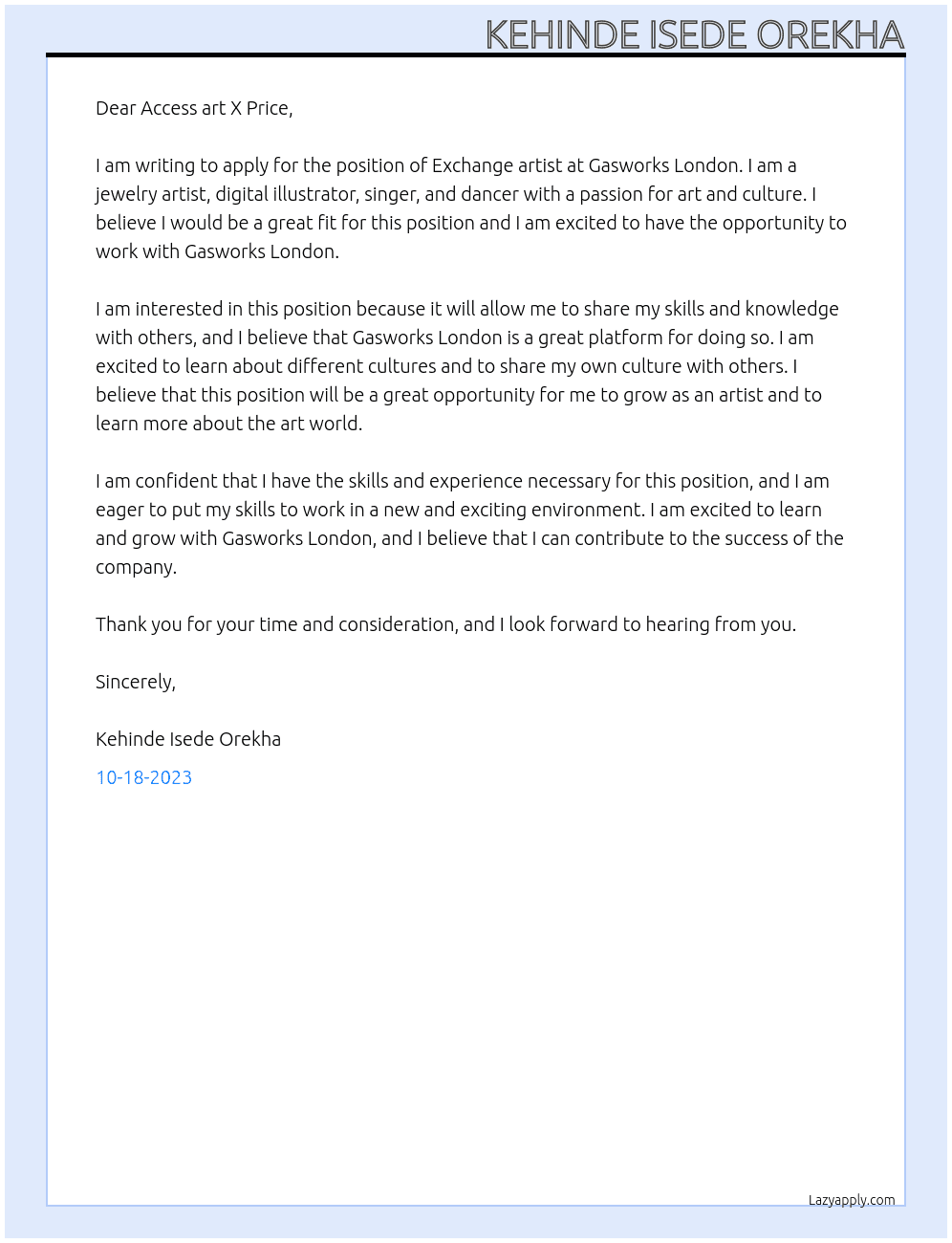 Exchange artist at Gasworks London At Self Cover Letter