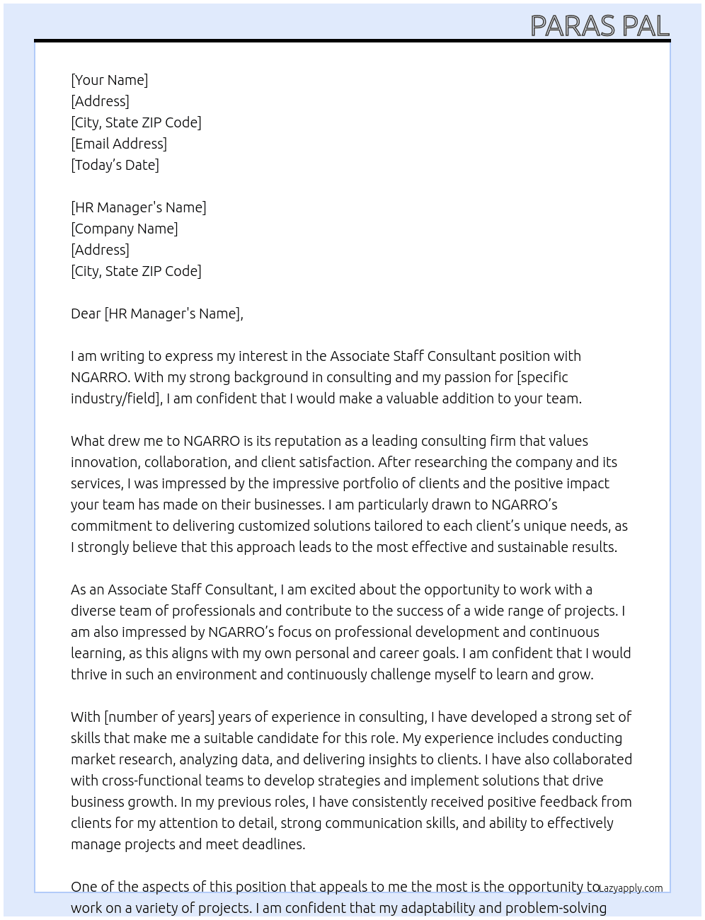 associate staff consultant At NGARRO Cover Letter