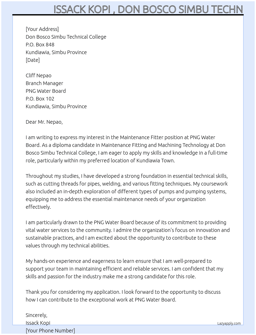 Maintenance Fitter  (without advertising) At PNG Water board , p o box 102, Kundiawia Simbu Province  Cover Letter