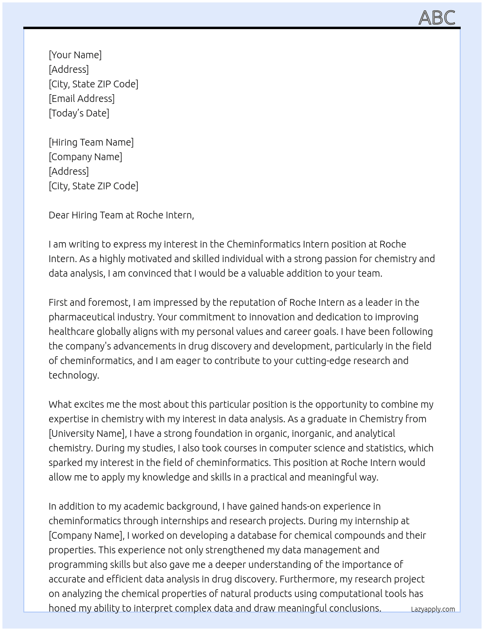 Cheminformatics Intern At roche intern Cover Letter