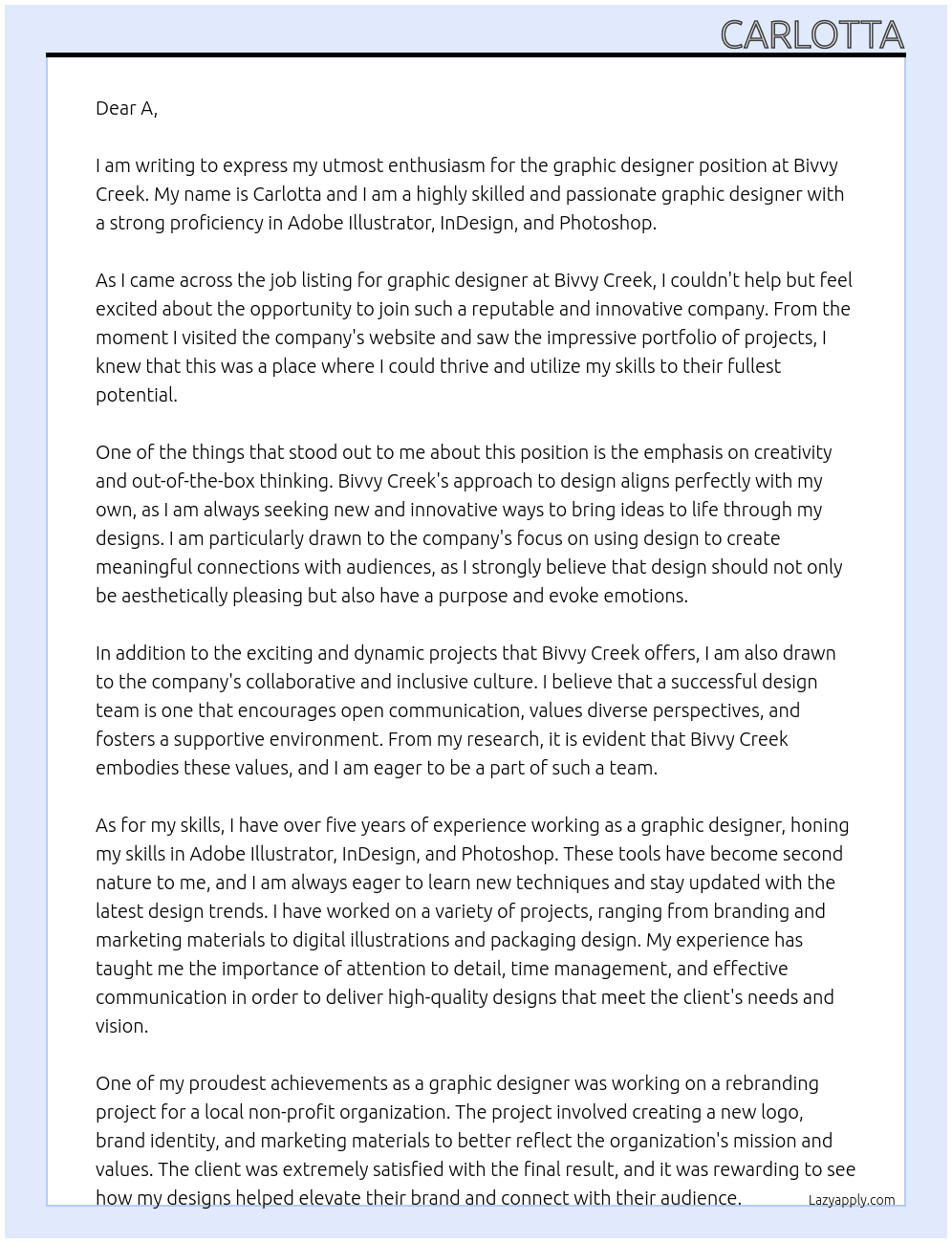 graphic designer At Bivvy Creek Cover Letter