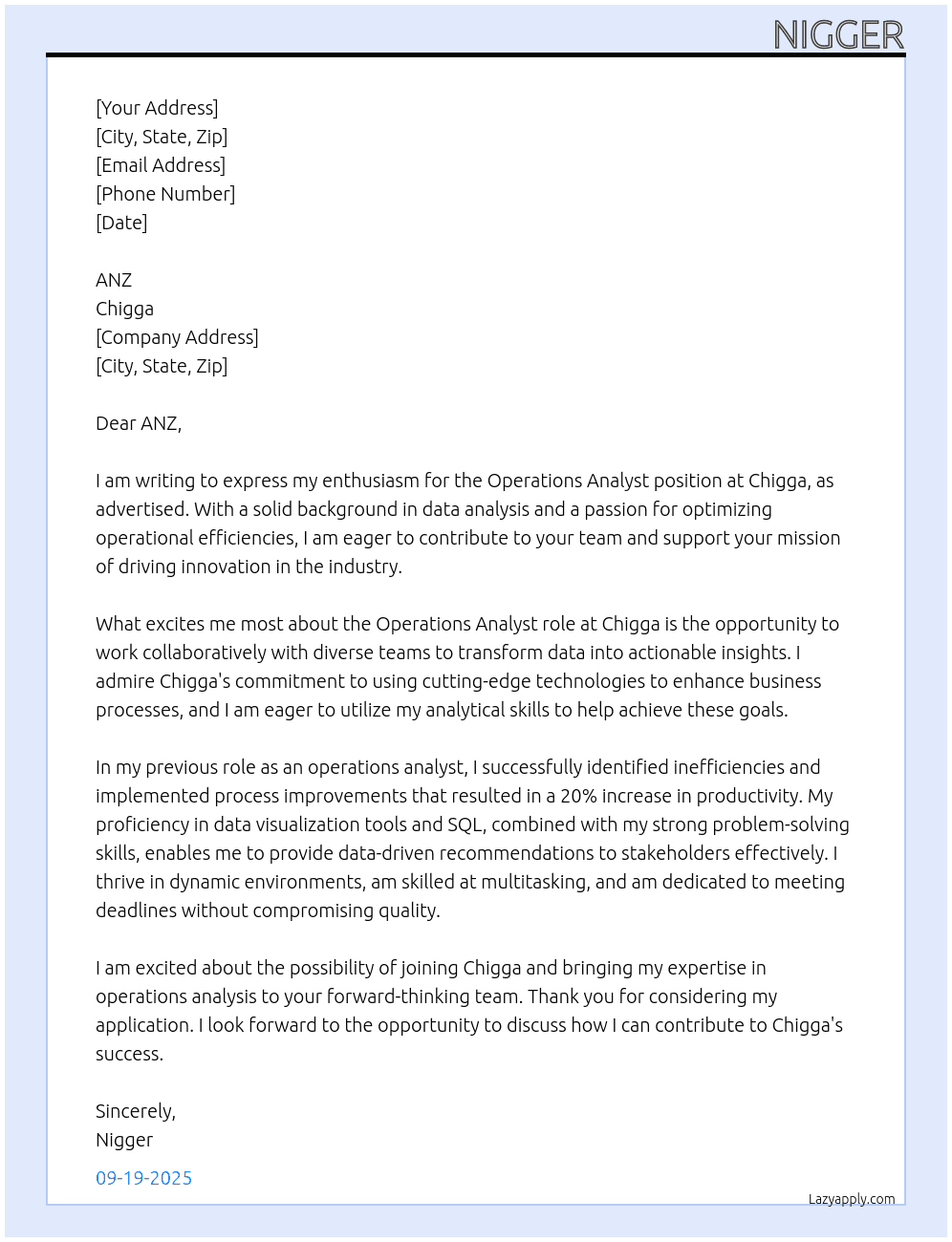 operations analyst At Chigga Cover Letter
