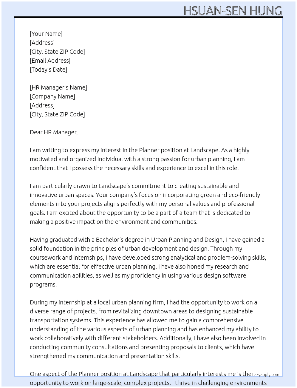 Planner At Lamdscape Cover Letter