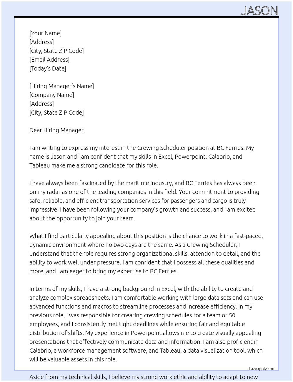 Crewing Scheduler At BC Ferries Cover Letter