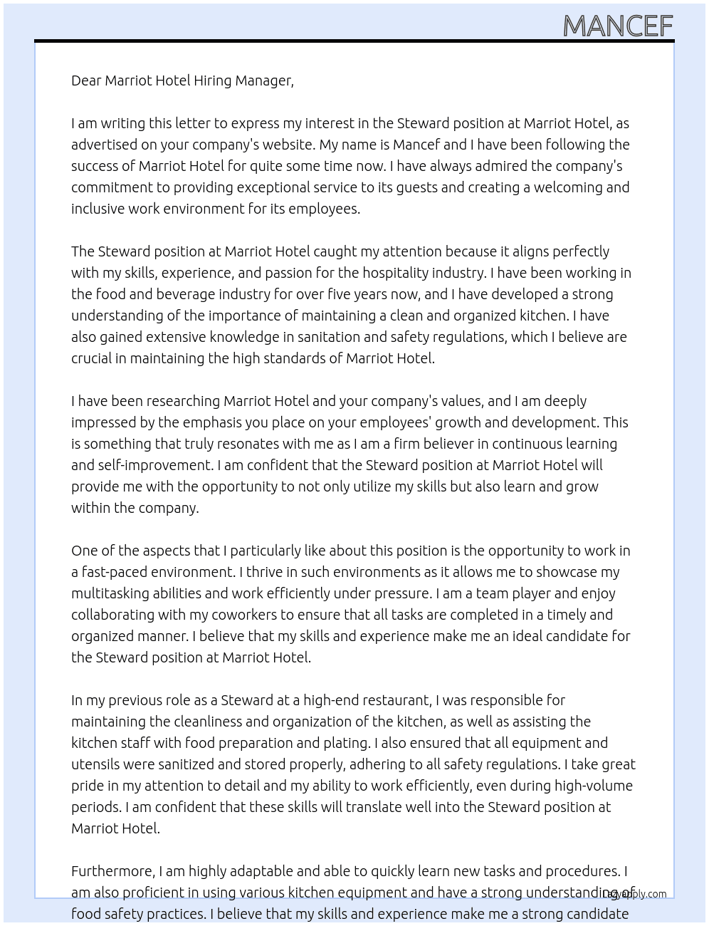 steward At marriot Cover Letter