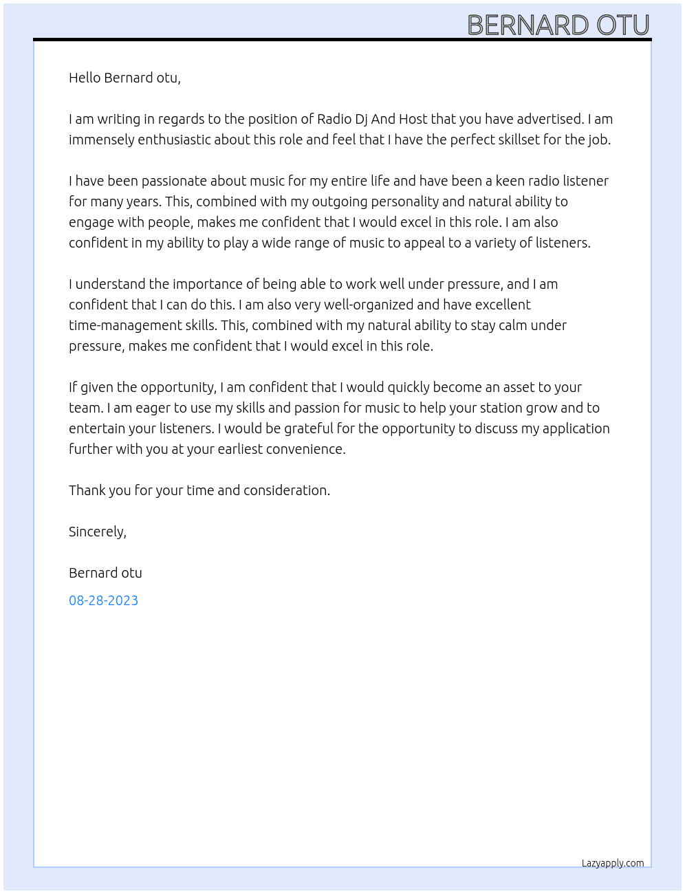 Radio Dj And Host At Bernard otu Cover Letter