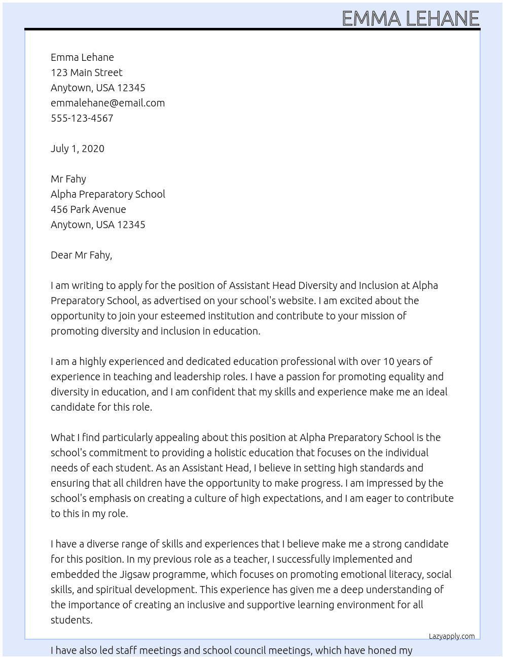 Assistant head diversity and inclusion At Alpha Preparatory school Cover Letter