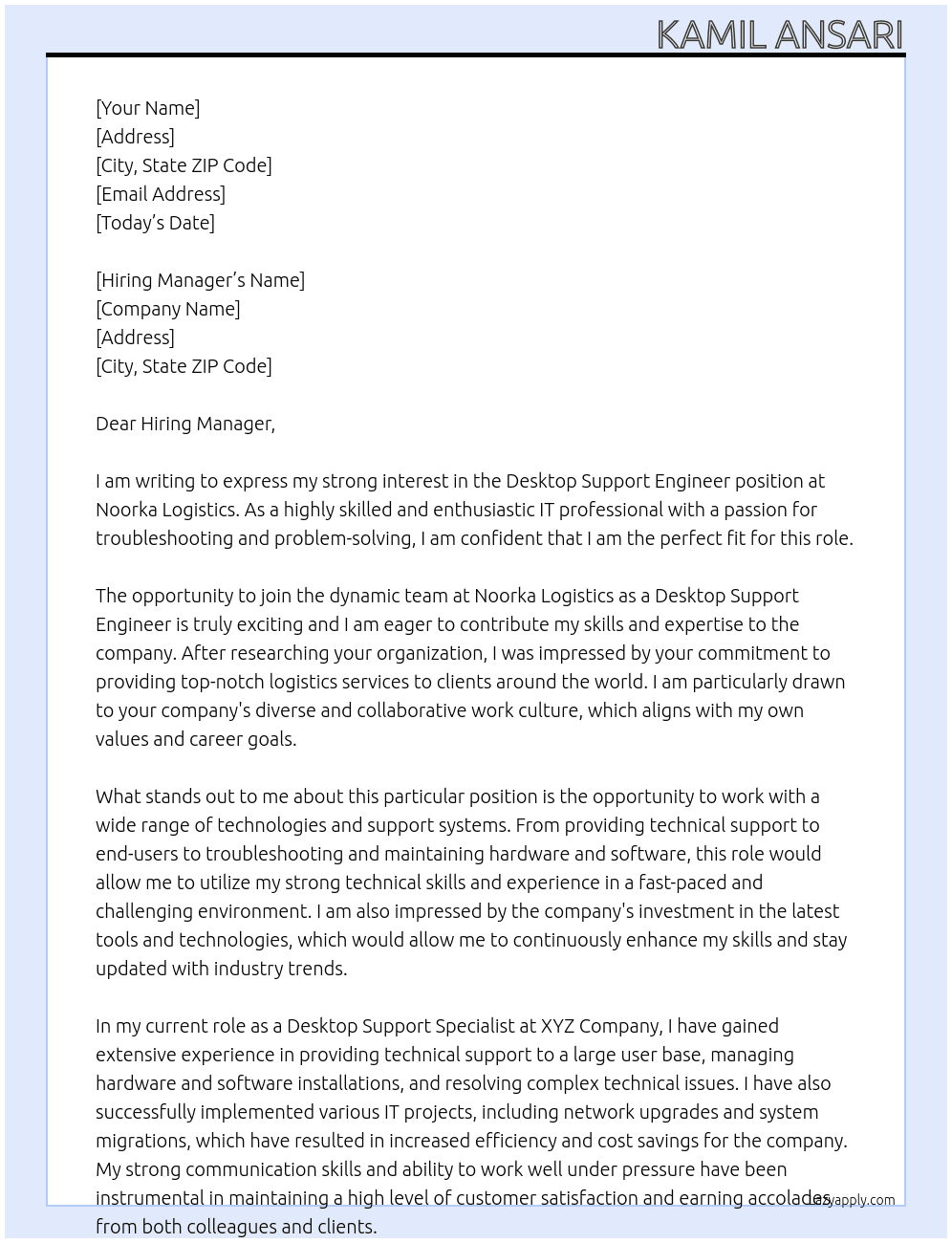 Desktop Support Engineer At Noorka Logistics Cover Letter