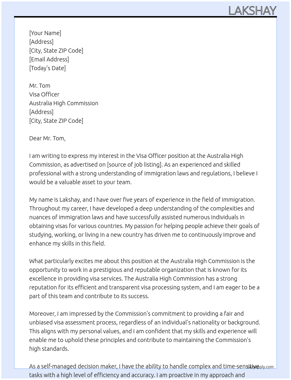 visa officer At Australia High Commission Cover Letter