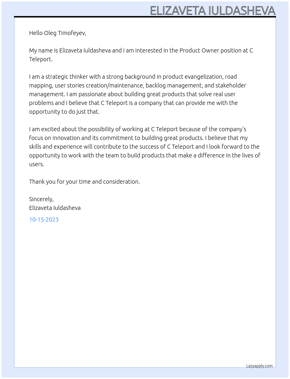 Product owner At C Teleport Cover Letter