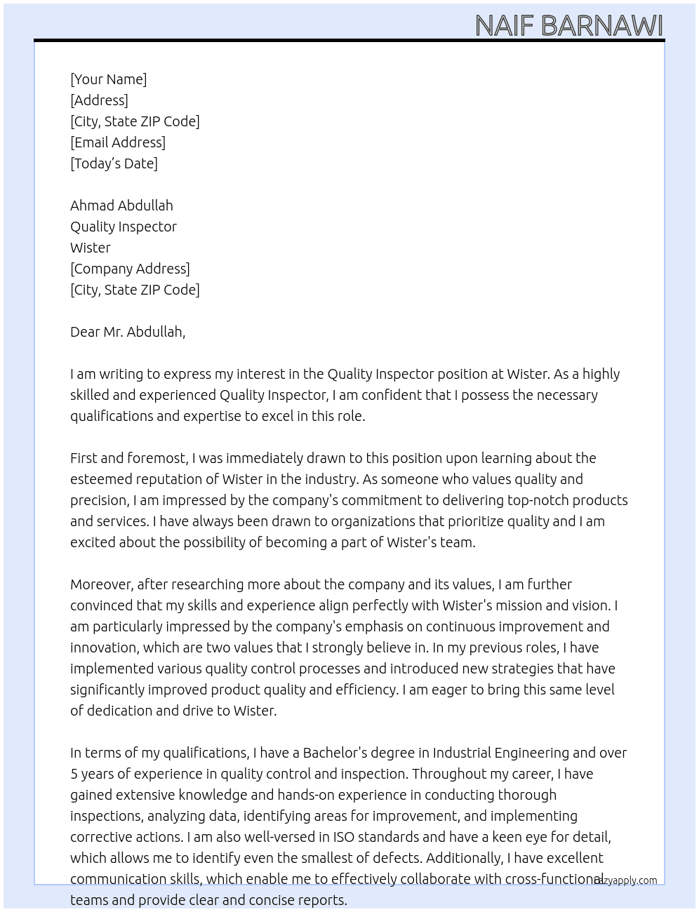 Quality inspector At Wister Cover Letter
