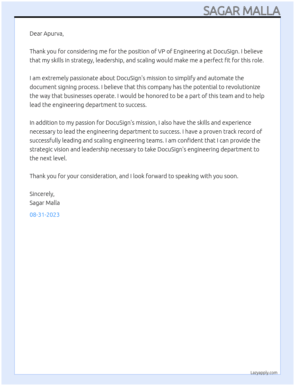 Engineering Leadership At DocuSign Cover Letter