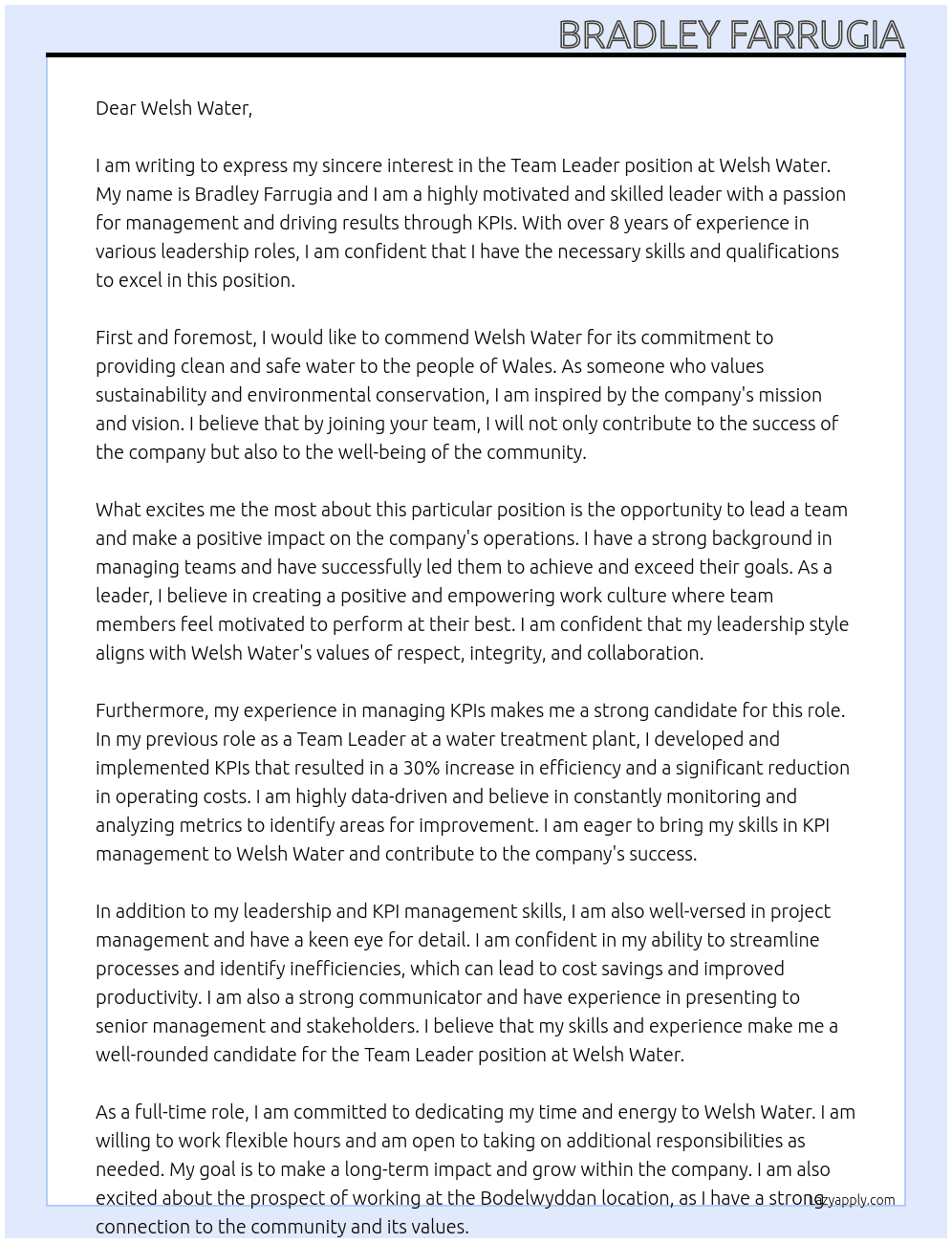 Team Leader At Welsh Water Cover Letter
