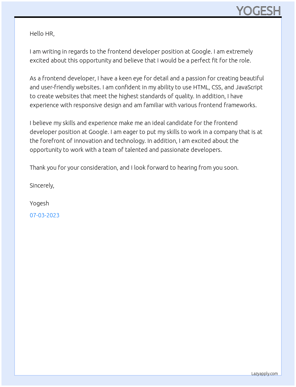 frontend developer At gogle Cover Letter