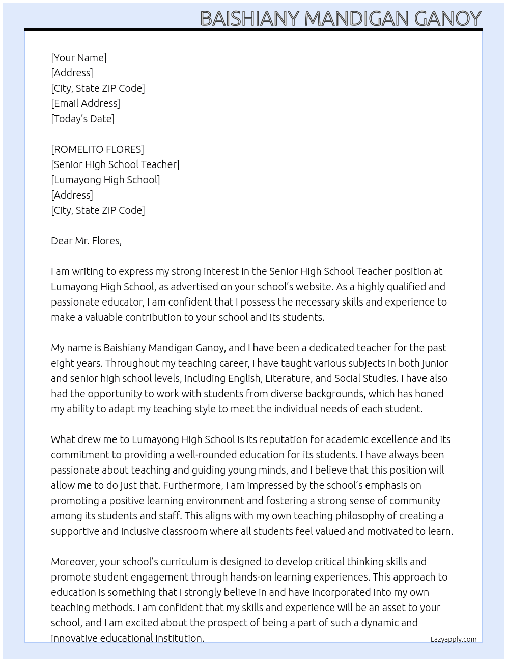 SENIRO HIGH SCHOOL TEACHER At LUMAYONG HIGH SCHOOL Cover Letter