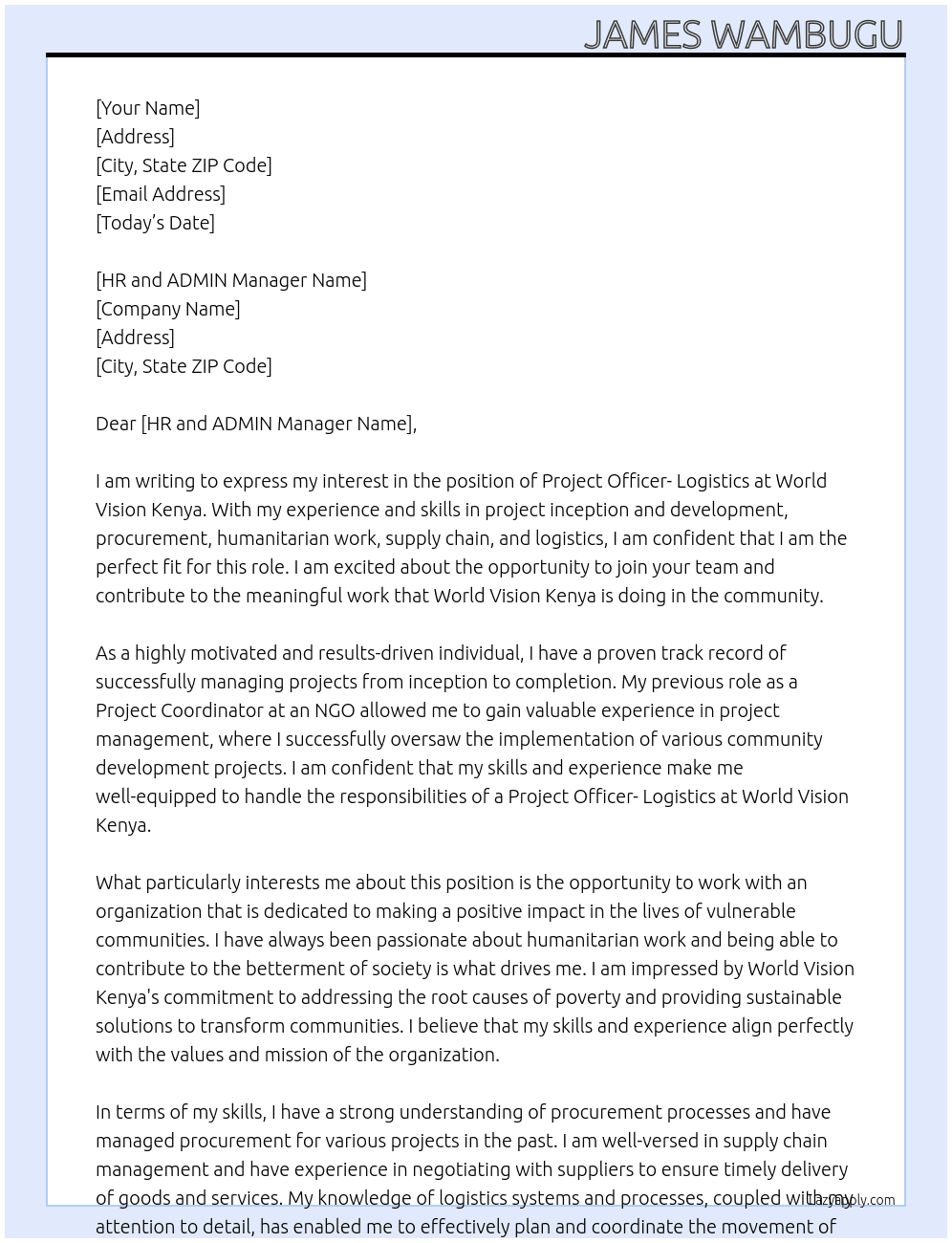PROJECT OFFICER- LOGISTICS At WORLD VISION KENYA Cover Letter