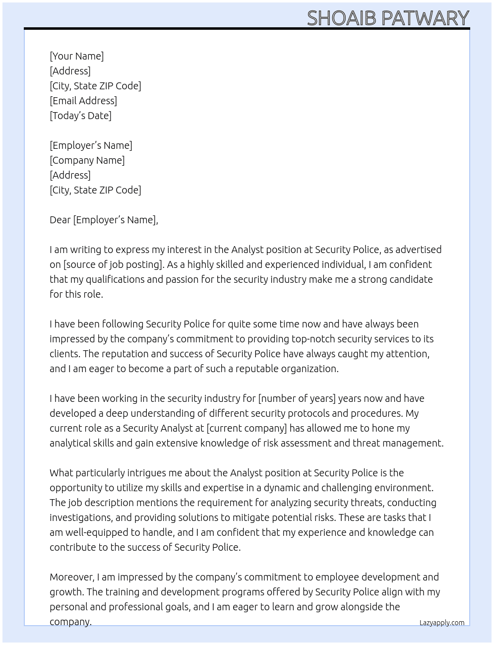 Analyst At Security Police Cover Letter