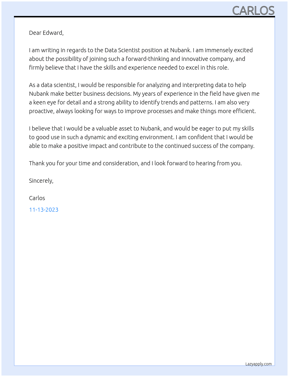 Data Scientist At Nubank Cover Letter