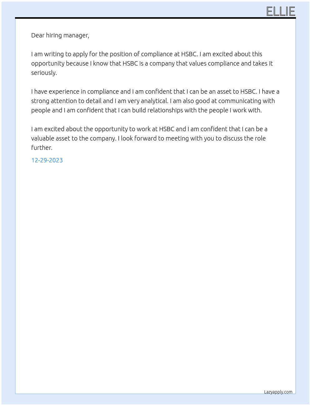 compliance At HSBC Cover Letter