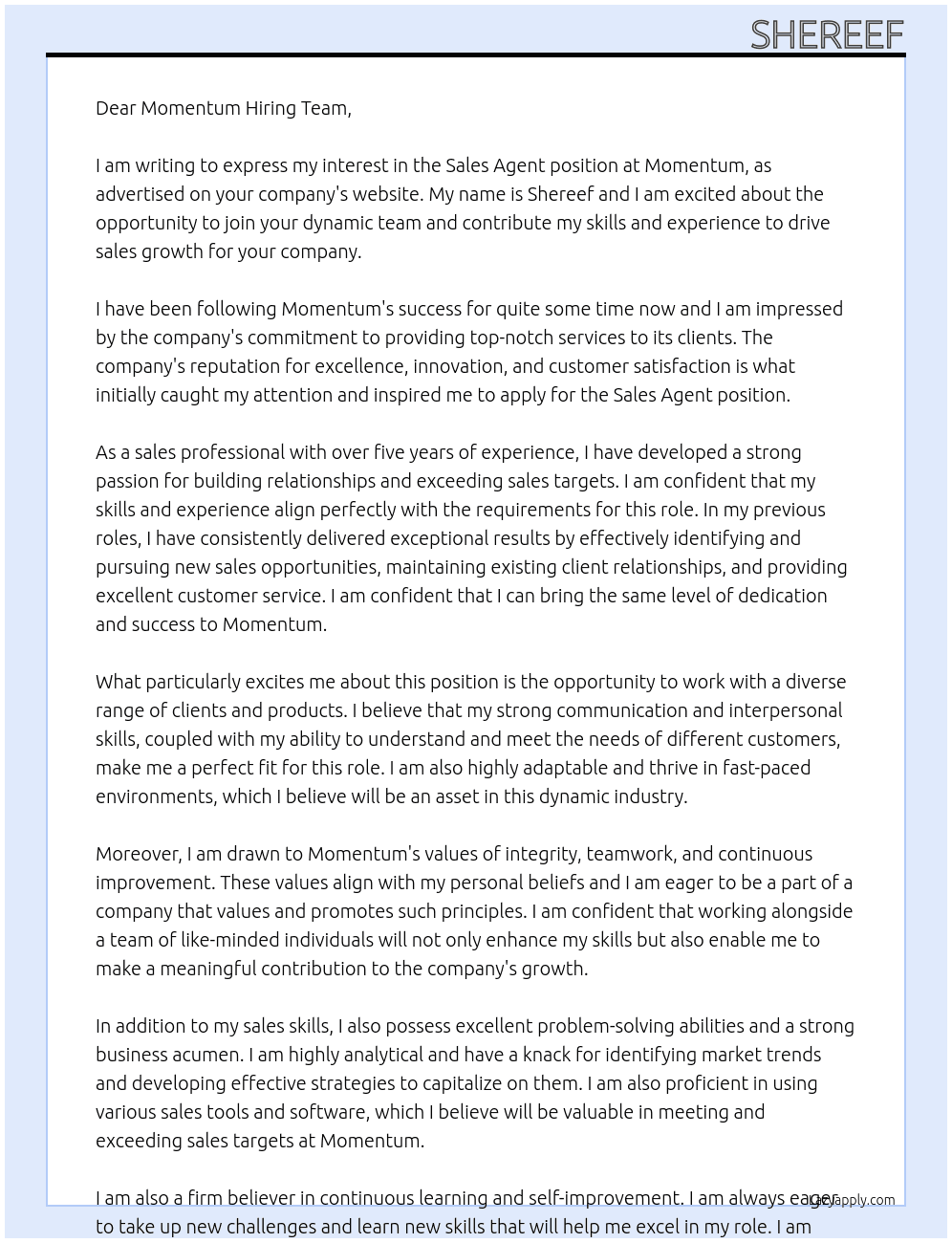 sales agent At momentum Cover Letter