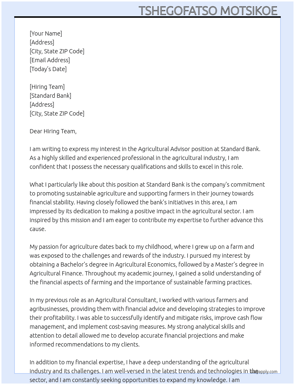 Agricultural Advisor At Standard Bank  Cover Letter