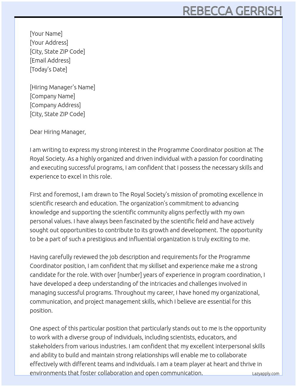 Programme coordinator  At The Royal society Cover Letter