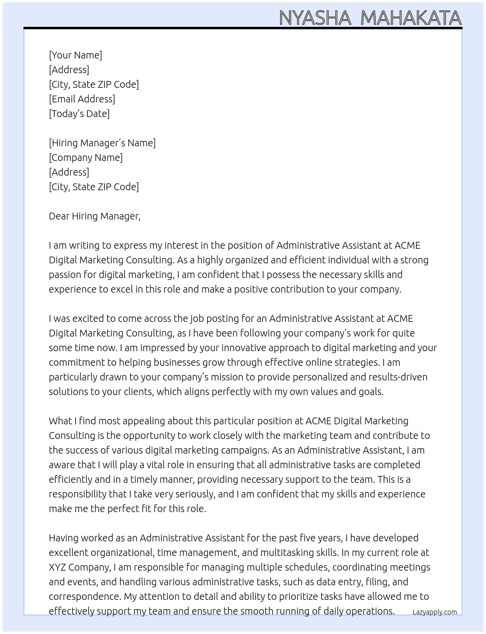administrative assistant At ACME DIGITAL MARKETING CONSULTING Cover Letter