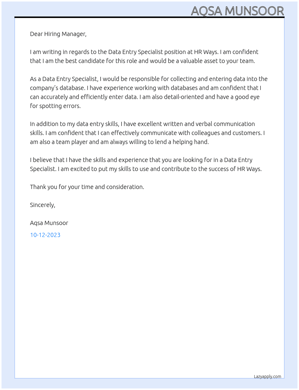 Data Entry Specialist At HR Ways Cover Letter