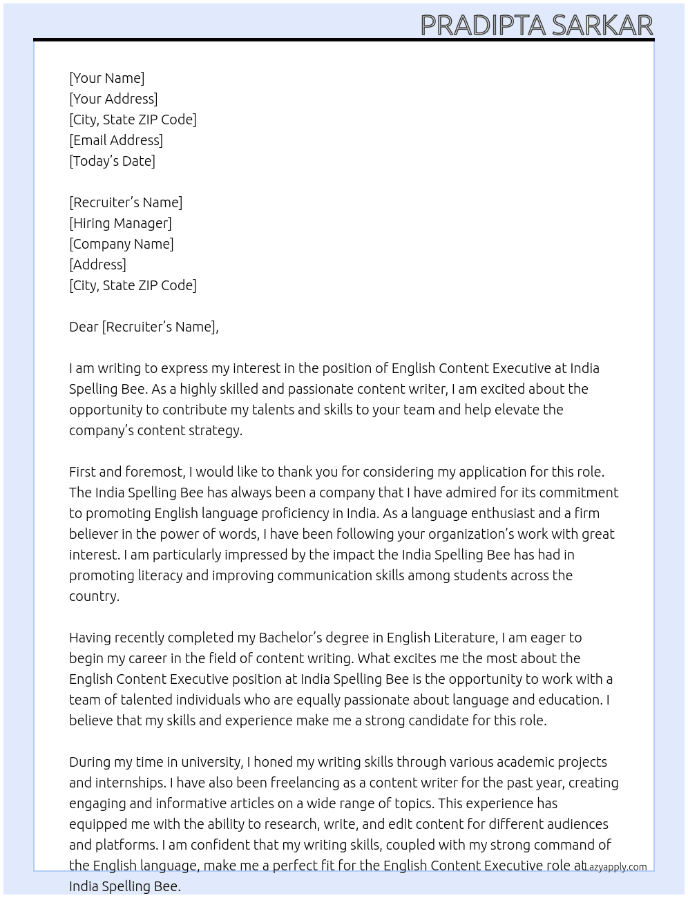 Cover letter for english content executive - LazyApply