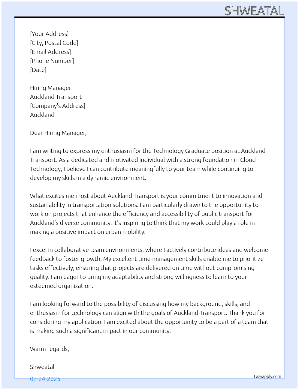 Technology Graduate At Auckland Transport Cover Letter