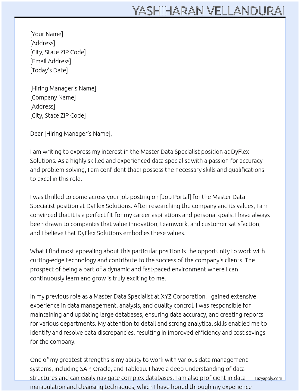 Master Data Specialist At DyFlex Solutions Cover Letter