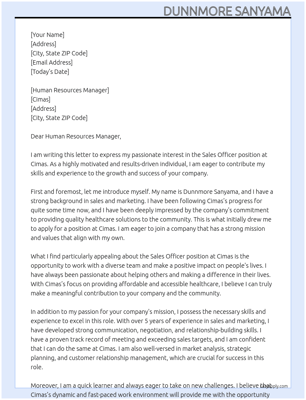 Sales officer At Cimas Cover Letter