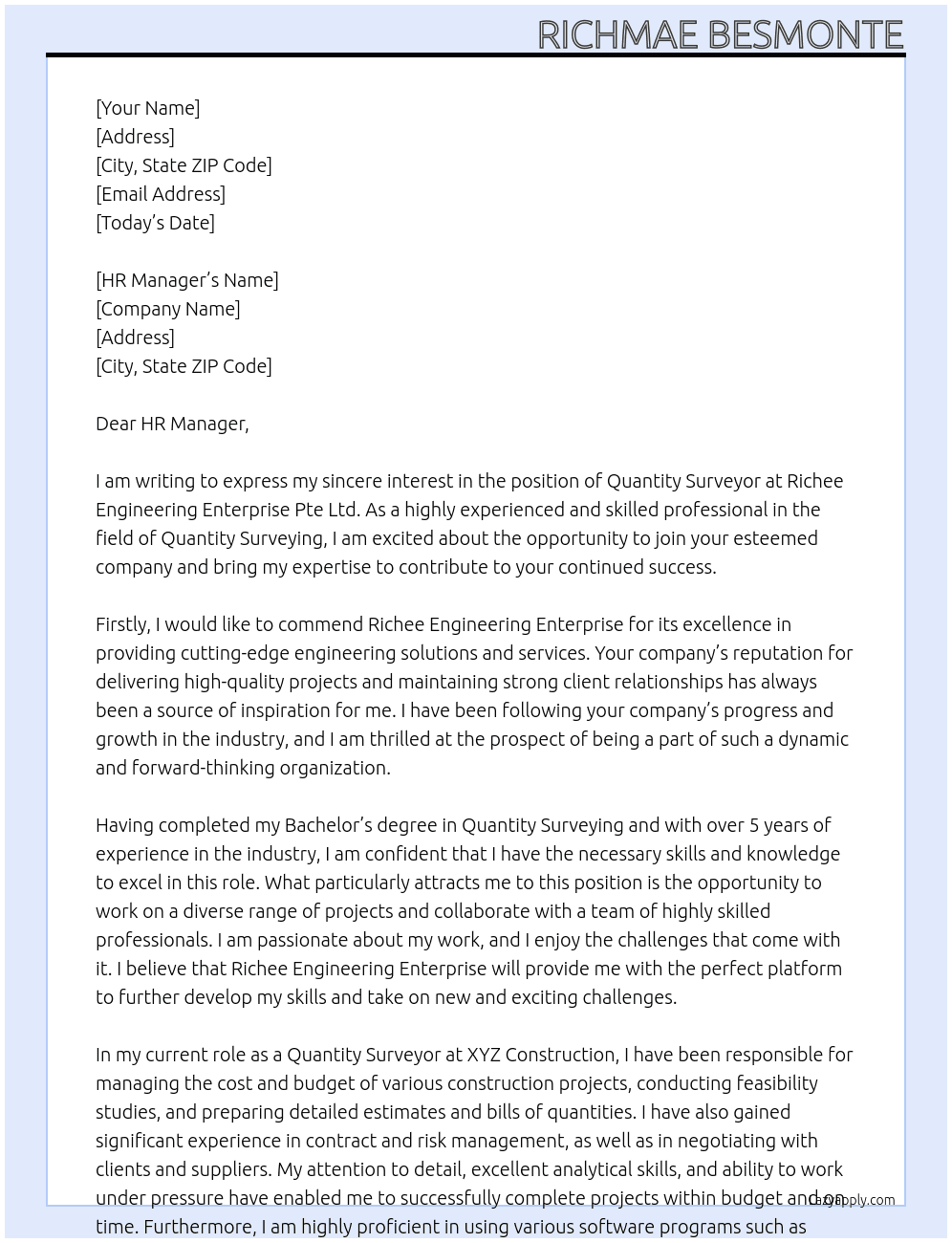 Quantity Surveyor At Richee Engineering Enterprise Pte Ltd Cover Letter
