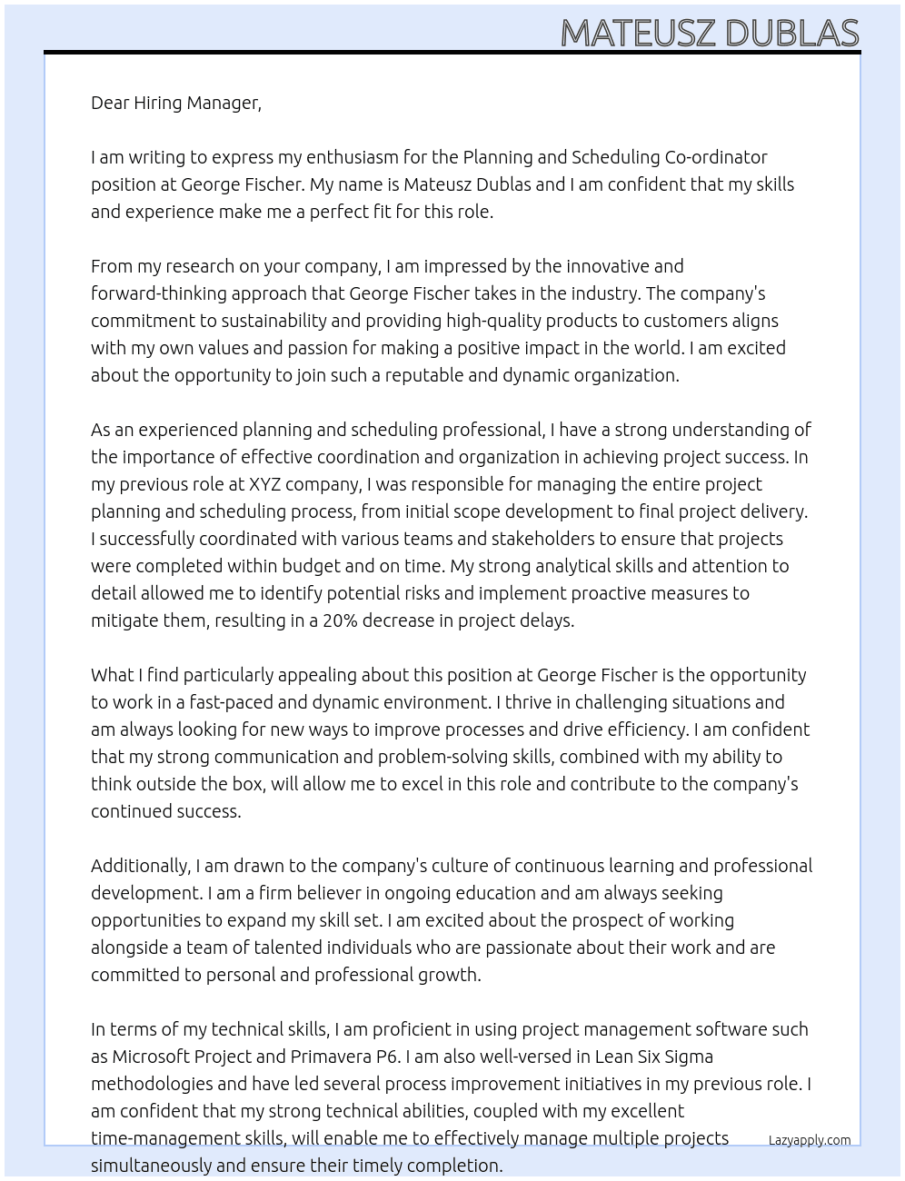 Planning and Scheduling  Co-ordinator At George Fischer Cover Letter