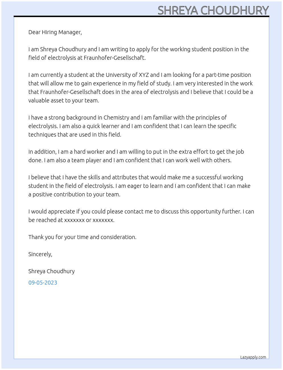 Working student in the field of electrolysis At Fraunhofer-Gesellschaft Cover Letter
