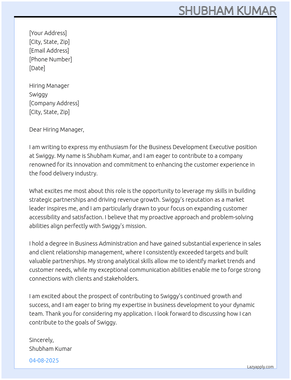 BUSINESS DEVELOPMENT EXECUTIVE  At SWIGGY  Cover Letter