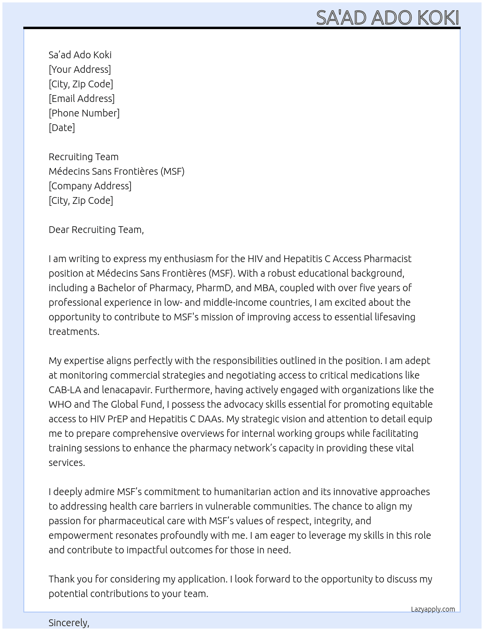 Cover letter for hiv and hepatitis c access pharmacist - LazyApply