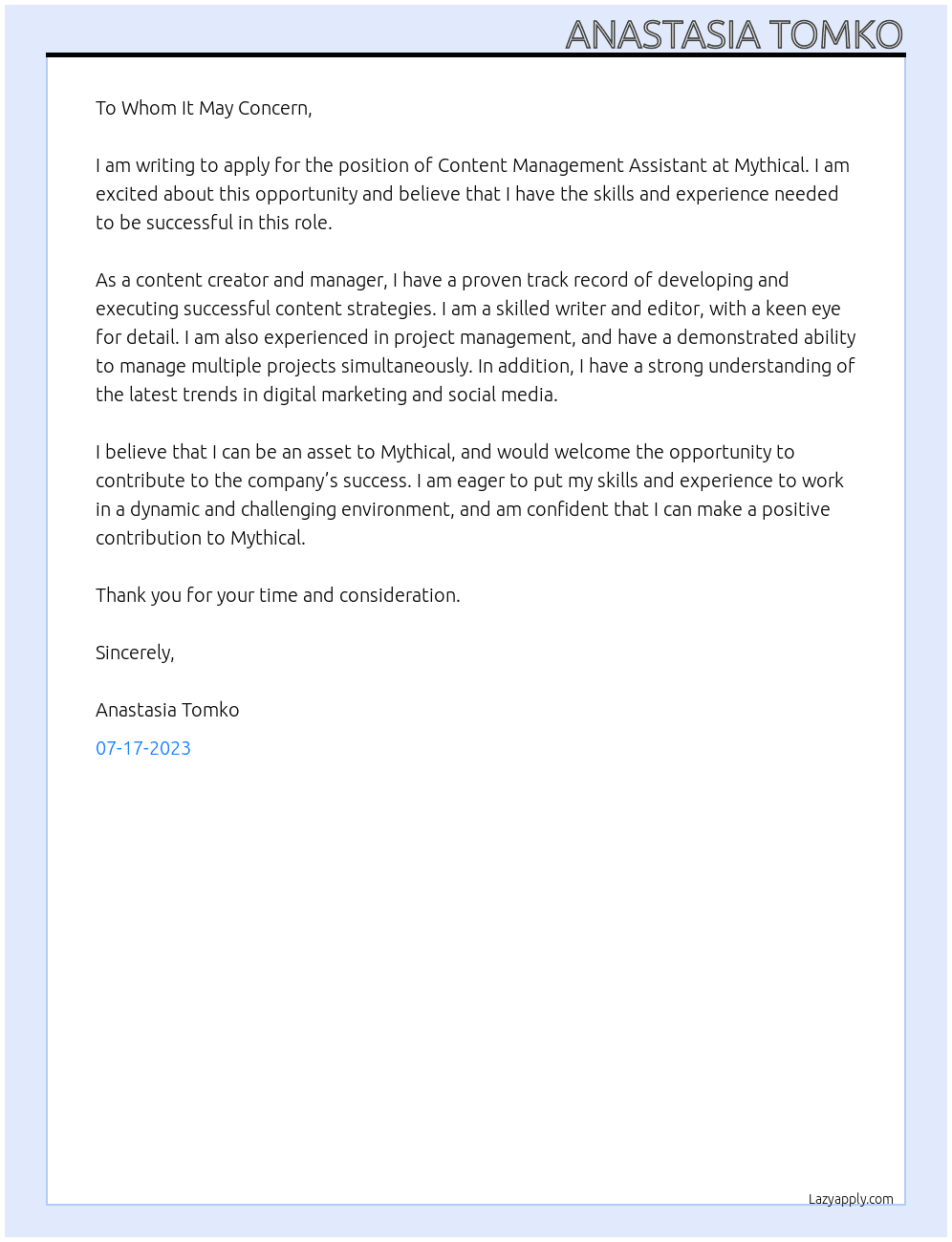 Content Management Assistant At Mythical Cover Letter