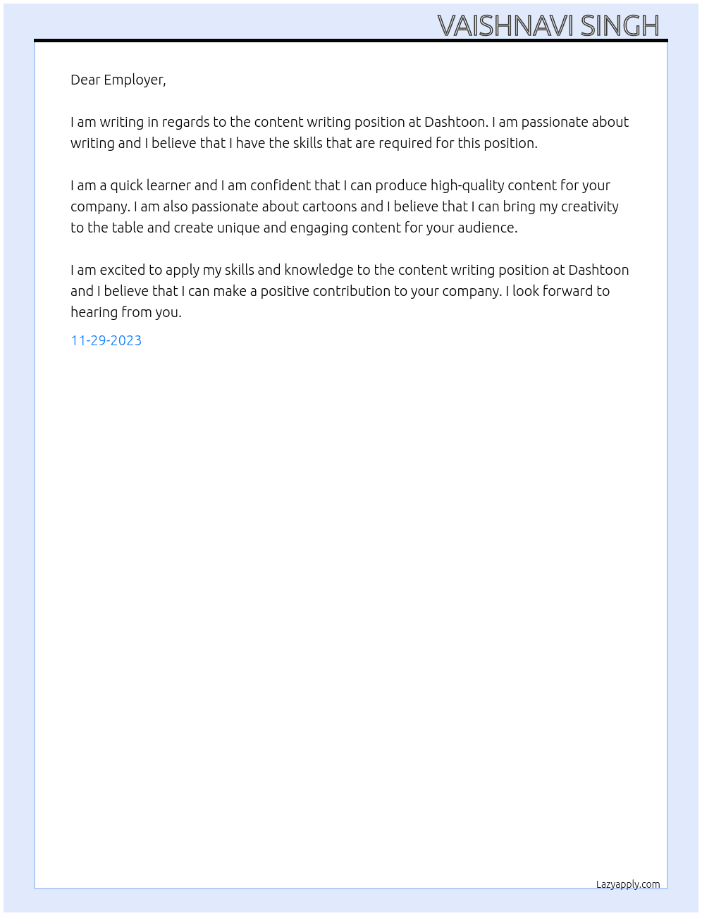 Content writing  At Dashtoon  Cover Letter
