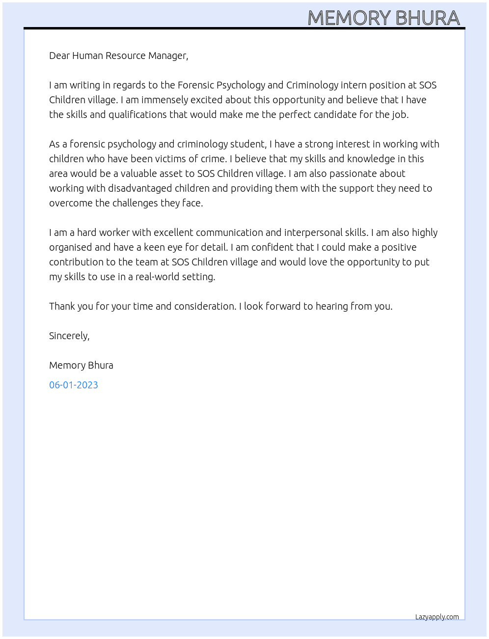 Forensic Psychology and Criminology intern  At SOS Children village Cover Letter