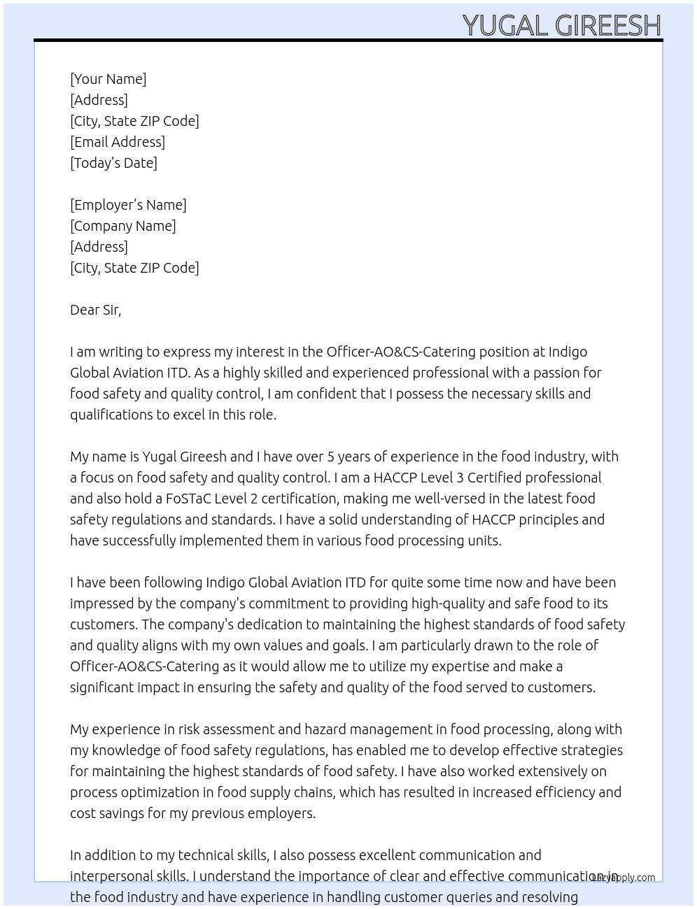 Officer-AO&CS-Catering  At Indigo global aviation itd  Cover Letter