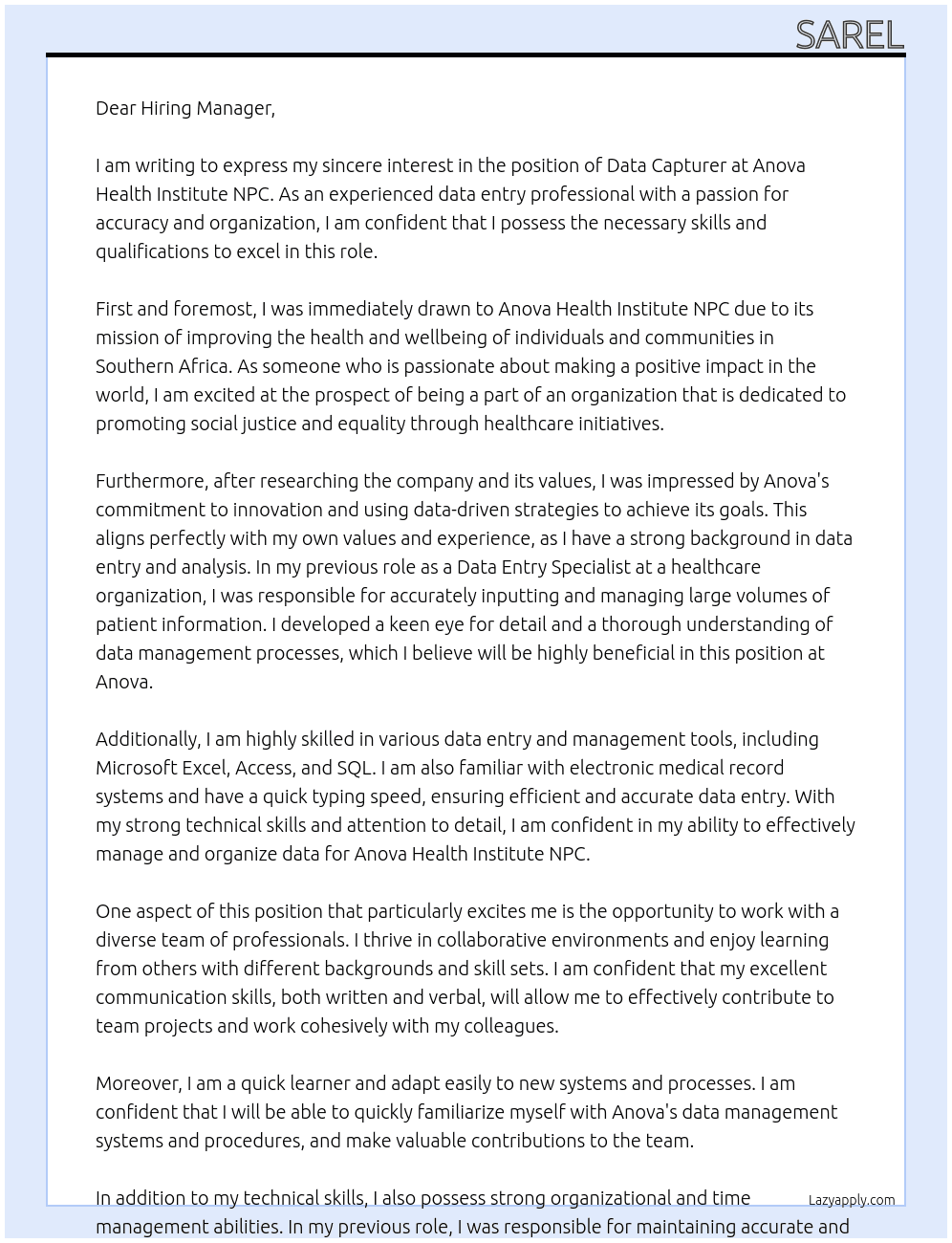 Data Capturer At Anova Health Institute NPC Cover Letter