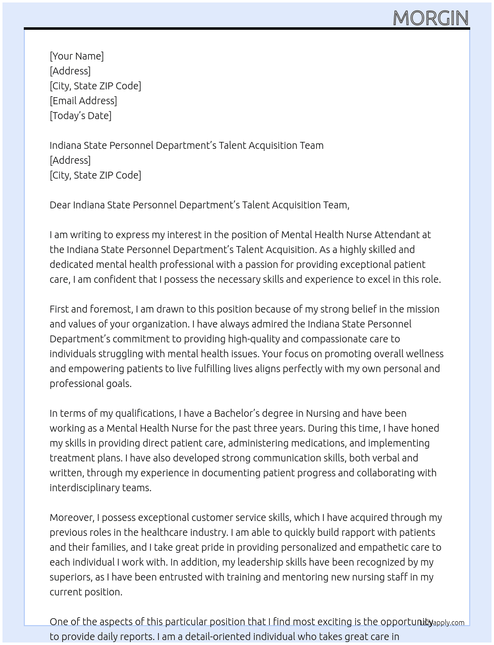 Mental Health Nurse Attendant At Indiana State Personnel Department’s Talent Acquisition Cover Letter