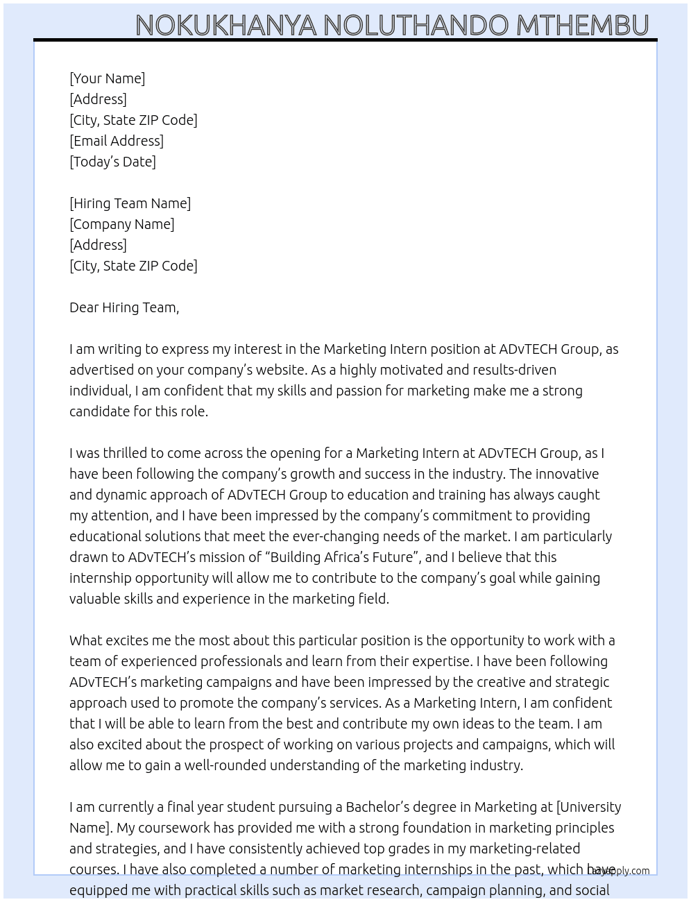 Marketing Intern  At ADvTECH Group Cover Letter