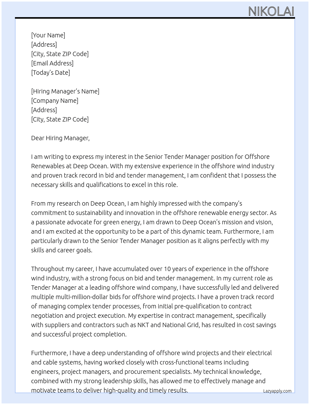 Senior Tender Manager - Offshore Renewables At Deep Ocean Cover Letter