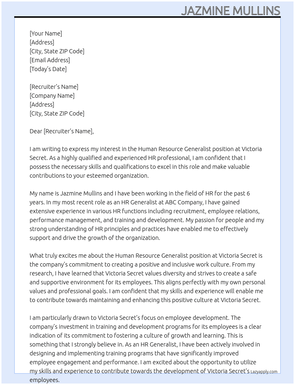 Human Resource Generalist At Victoria Secret Cover Letter